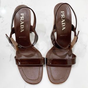 Prada Brown Patent Leather Wooden Heel Sandals